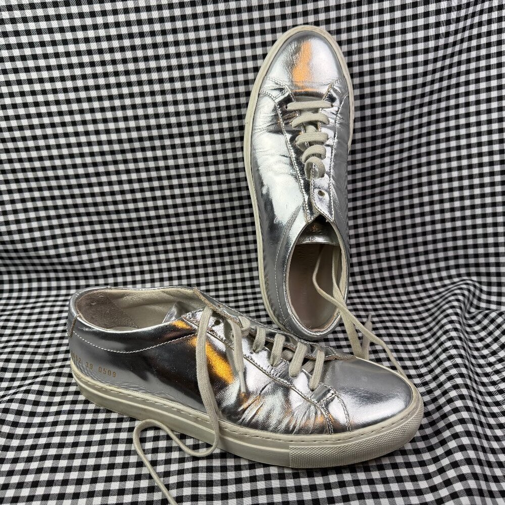 Common Projects Achilles Low Silver Metallic Leather Sneakers EU 39 Women’s 8